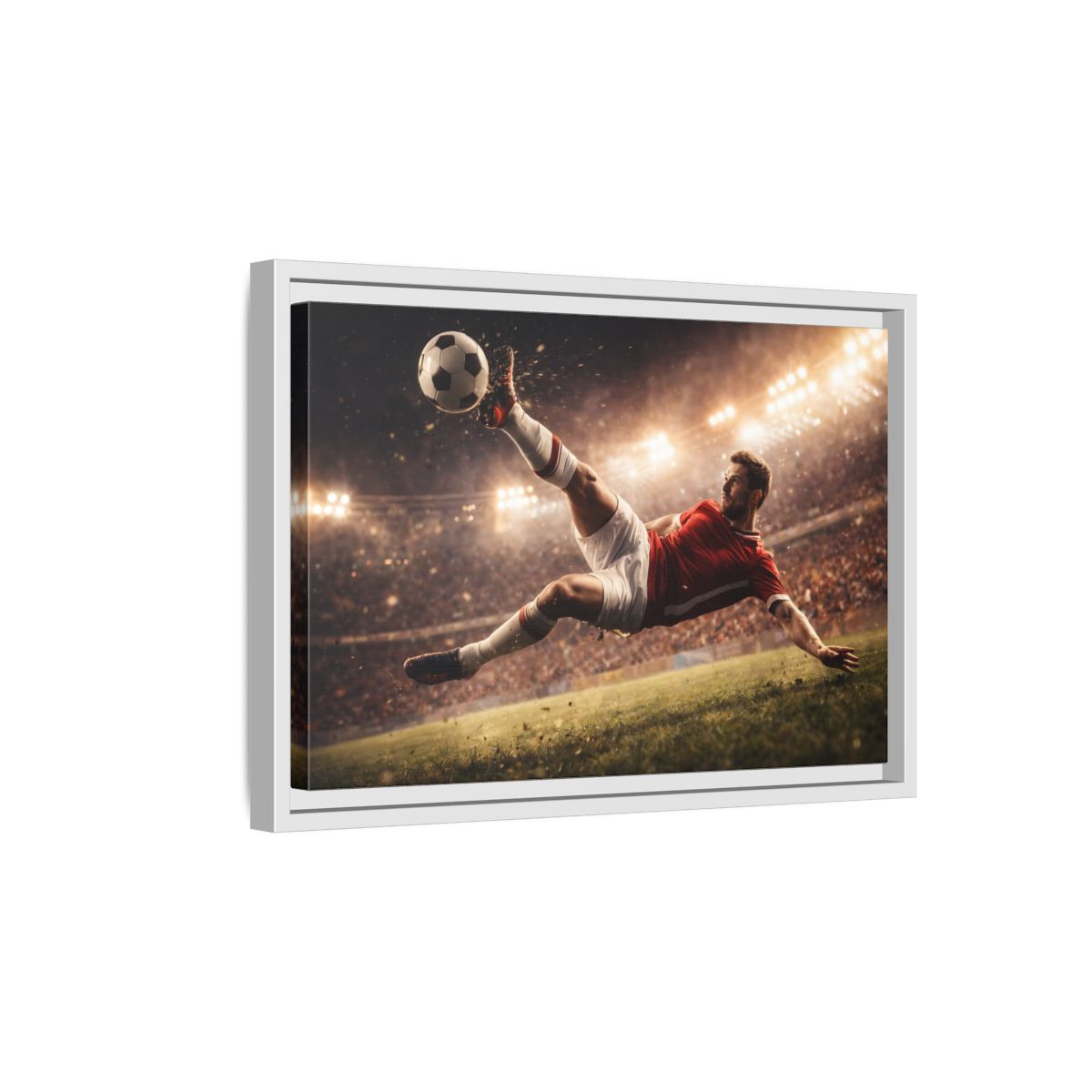 Side Mockup 4. Sports Soccer Player Soccer Action shown as stretched canvas wall art