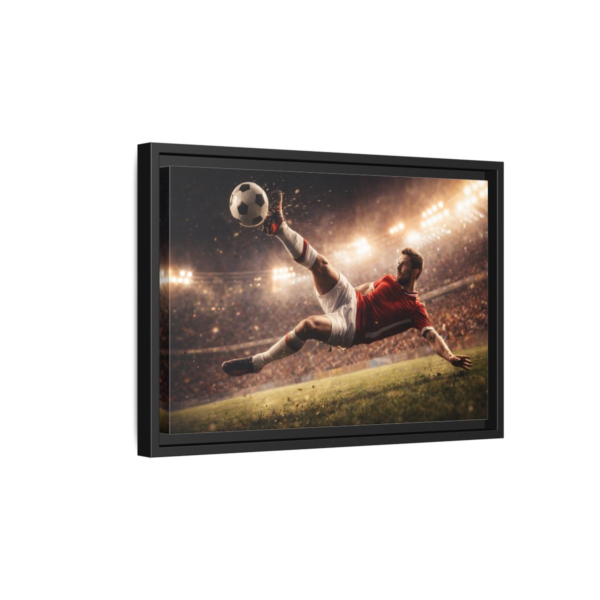 Side Mockup 6. Sports Soccer Player Soccer Action shown as stretched canvas wall art