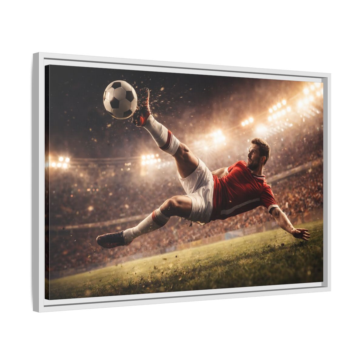 Side Mockup 10. Sports Soccer Player Soccer Action shown as stretched canvas wall art