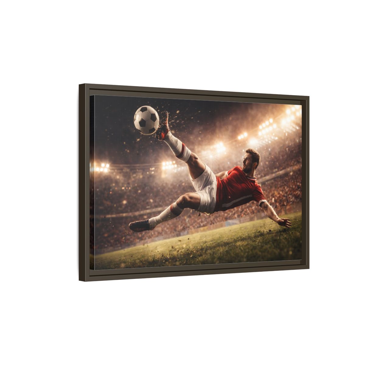 Side Mockup 2. Sports Soccer Player Soccer Action shown as stretched canvas wall art