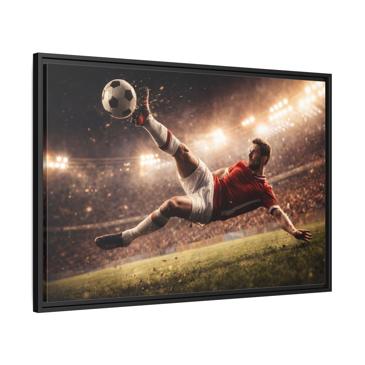Side Mockup 13. Sports Soccer Player Soccer Action shown as stretched canvas wall art