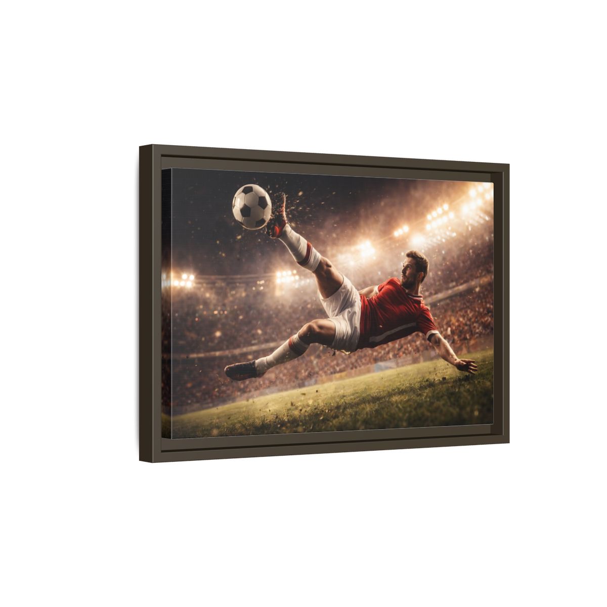 Side Mockup 5. Sports Soccer Player Soccer Action shown as stretched canvas wall art