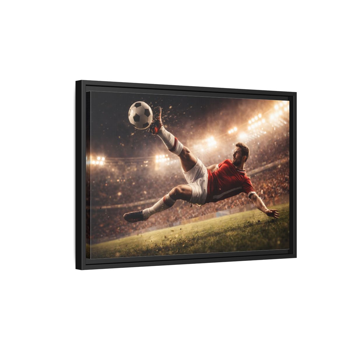 Side Mockup 3. Sports Soccer Player Soccer Action shown as stretched canvas wall art