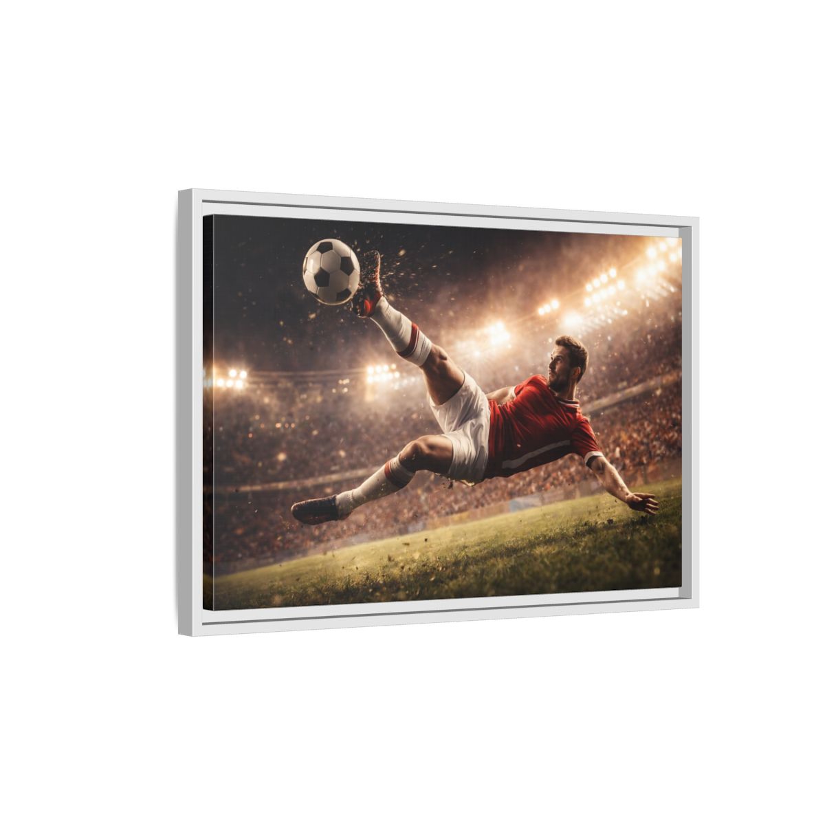 Side Mockup 1. Sports Soccer Player Soccer Action shown as stretched canvas wall art