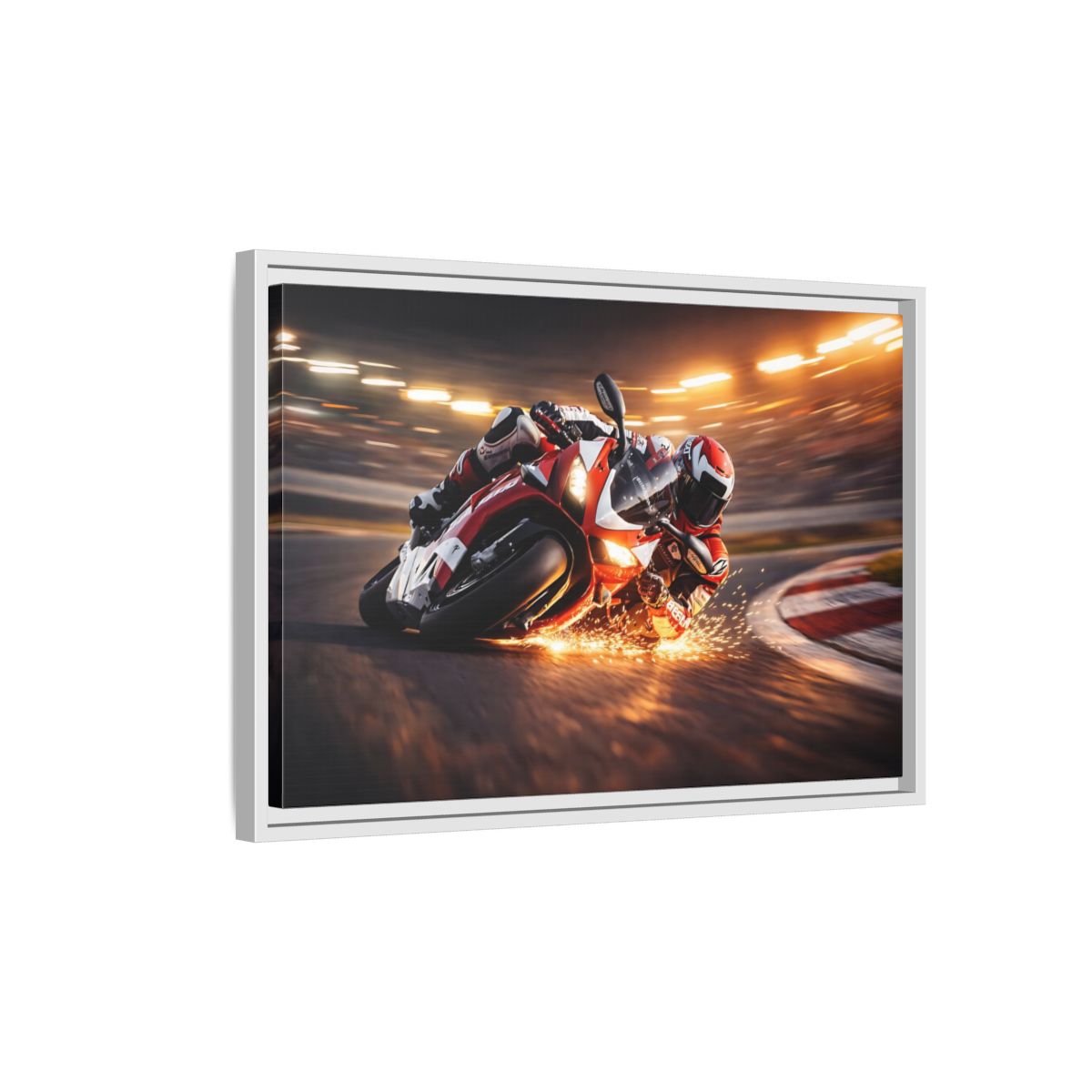 Side Mockup 1. Sports Motorcycle Racer Red Motorcycle Racing shown as stretched canvas wall art