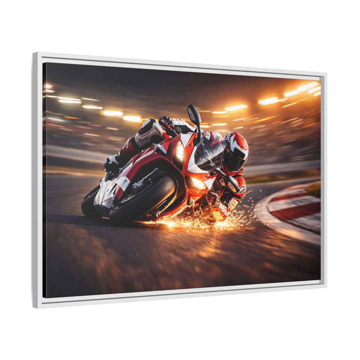 Side Mockup 8. Sports Motorcycle Racer Red Motorcycle Racing shown as stretched canvas wall art