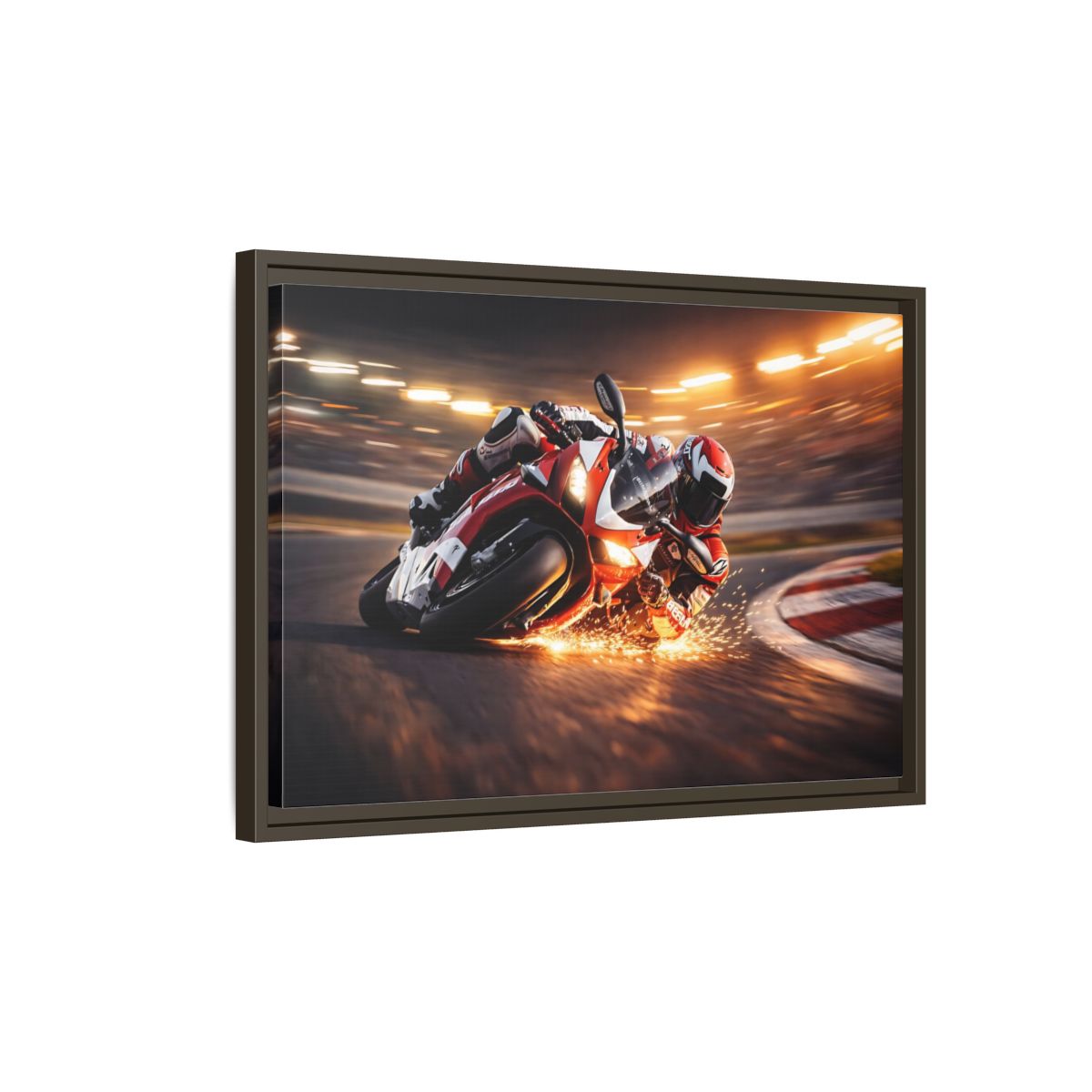 Side Mockup 2. Sports Motorcycle Racer Red Motorcycle Racing shown as stretched canvas wall art