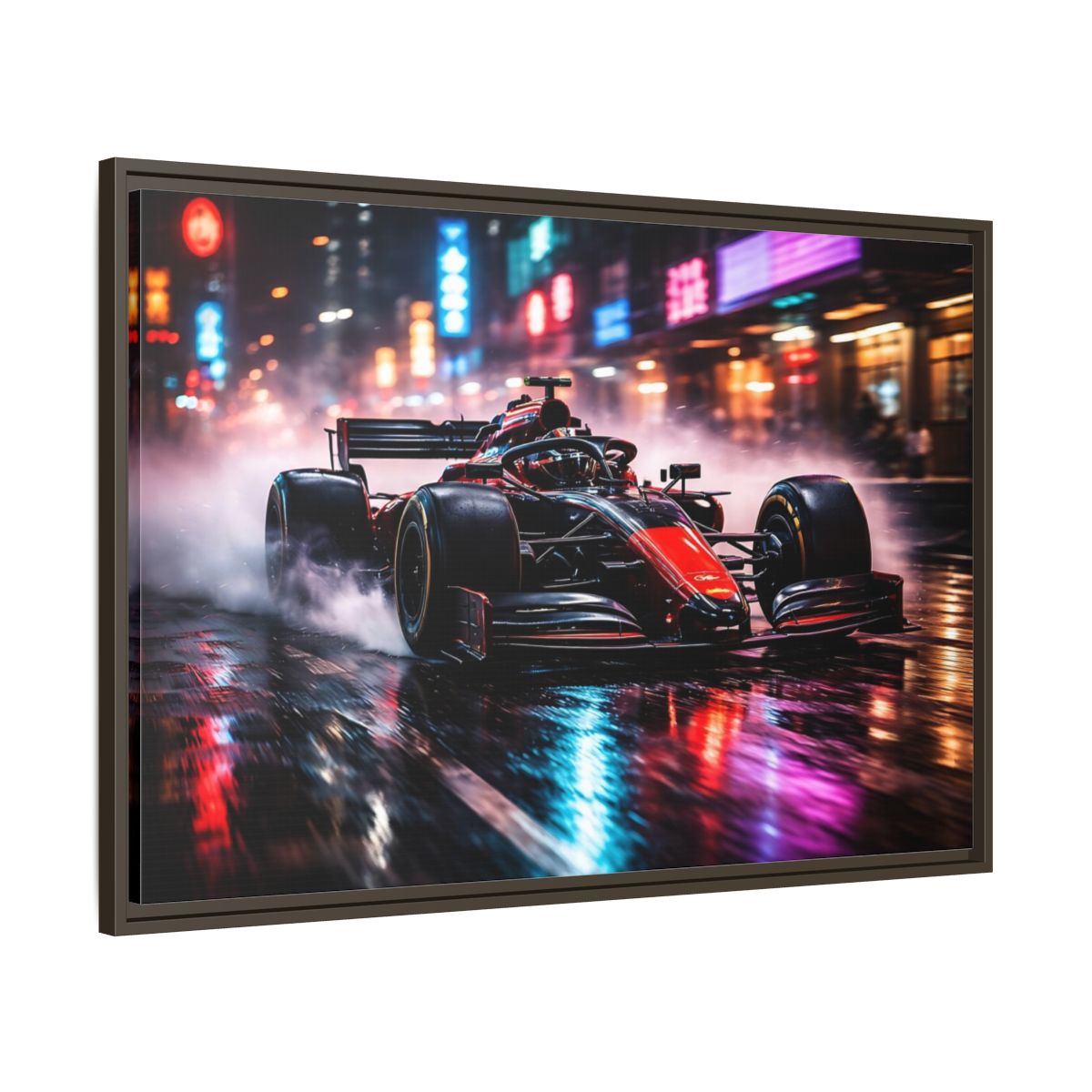 Side Mockup 9. Sports Race Car Red Black Neon shown as stretched canvas wall art