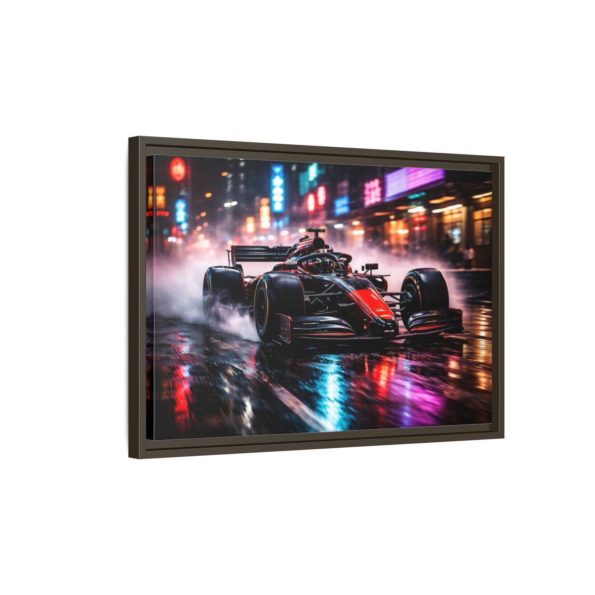 Side Mockup 2. Sports Race Car Red Black Neon shown as stretched canvas wall art