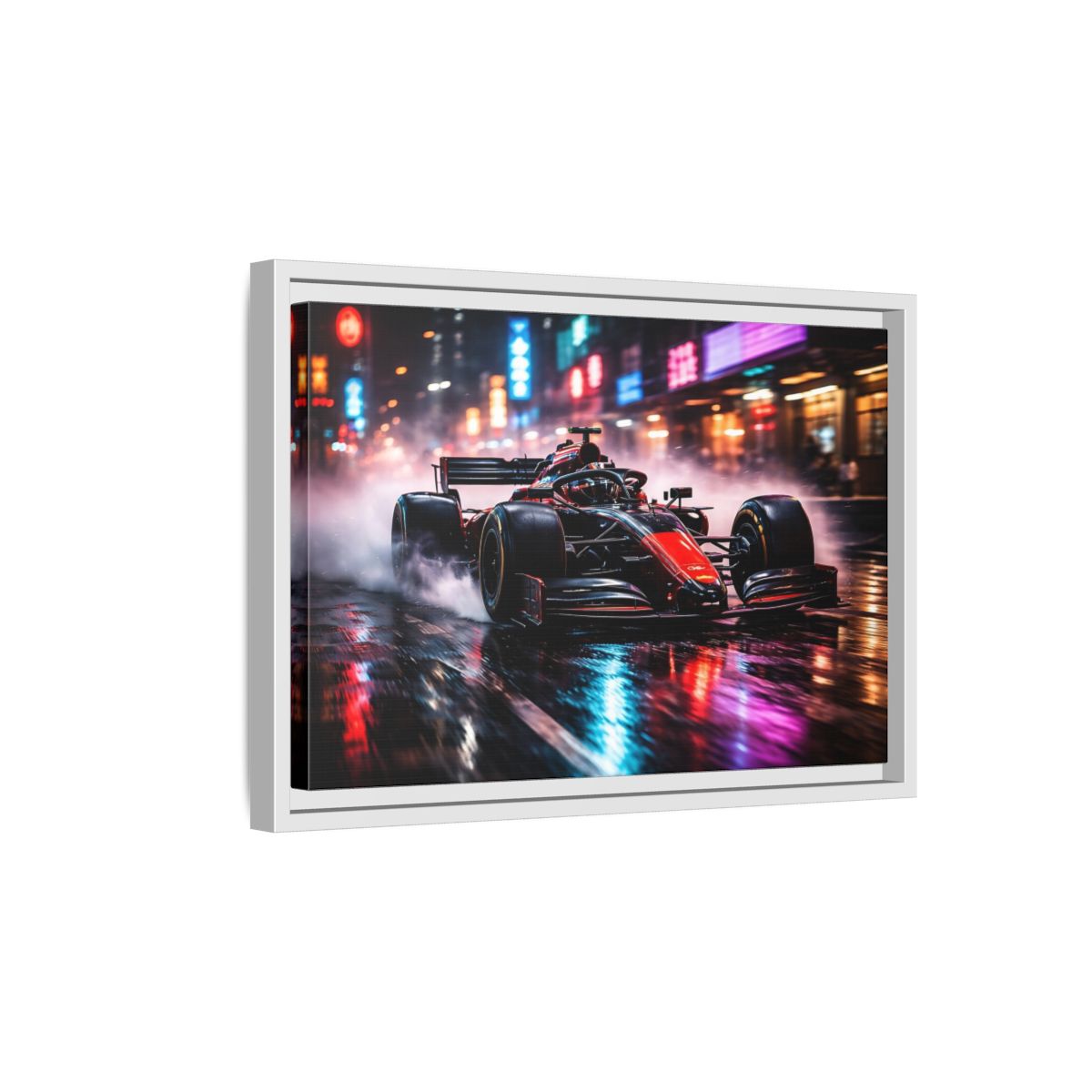 Side Mockup 4. Sports Race Car Red Black Neon shown as stretched canvas wall art