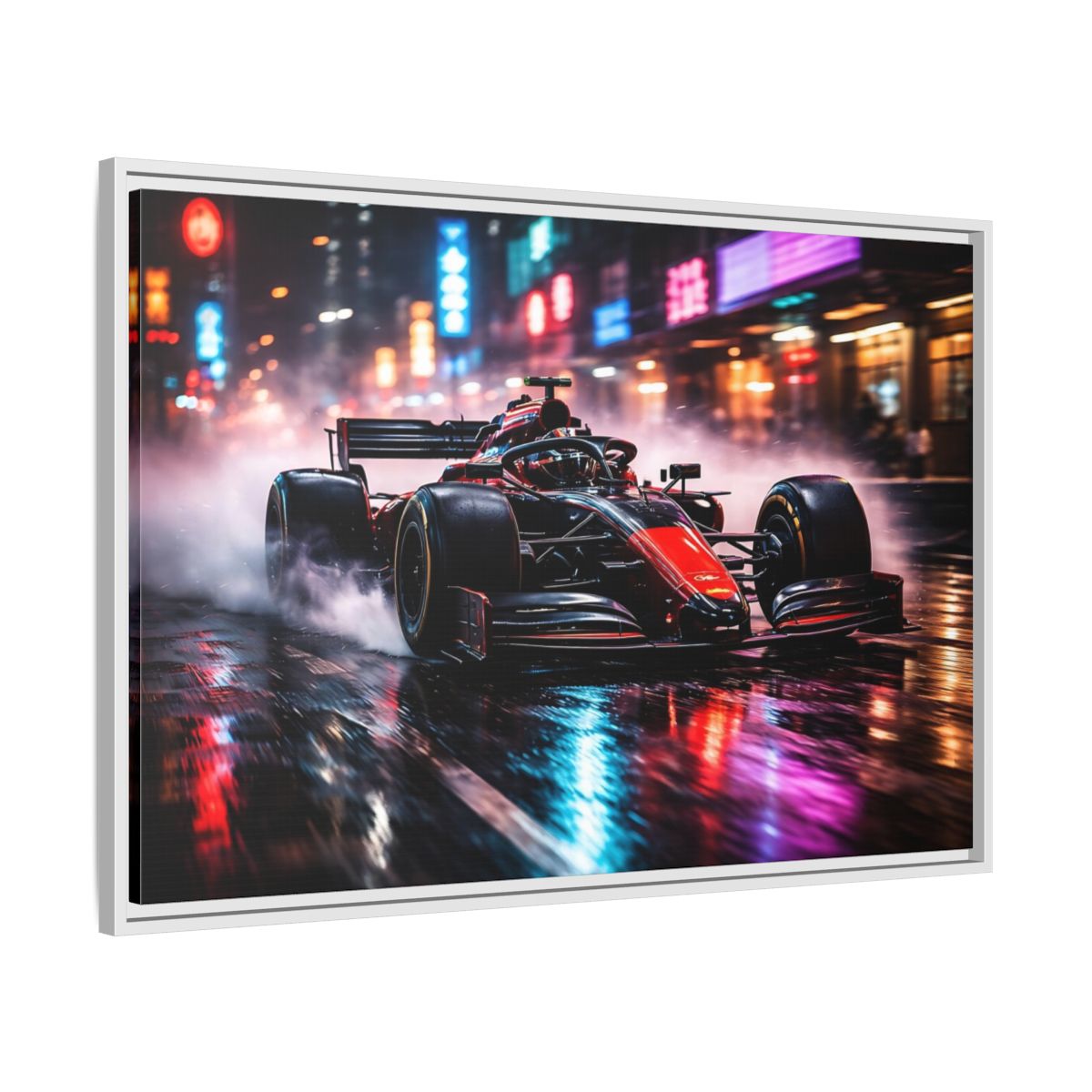 Side Mockup 8. Sports Race Car Red Black Neon shown as stretched canvas wall art