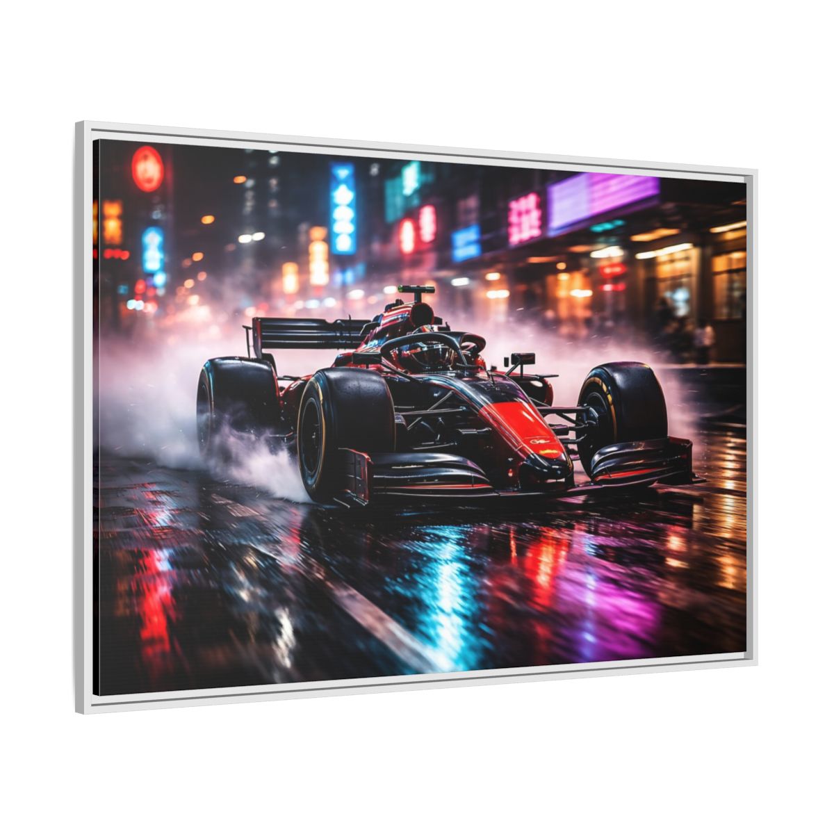 Side Mockup 7. Sports Race Car Red Black Neon shown as stretched canvas wall art
