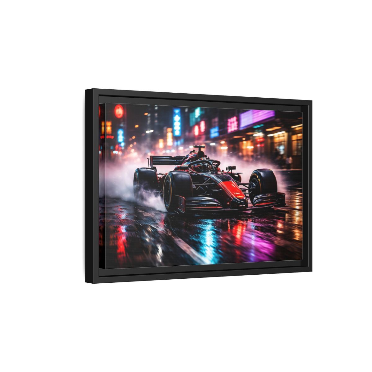 Side Mockup 6. Sports Race Car Red Black Neon shown as stretched canvas wall art