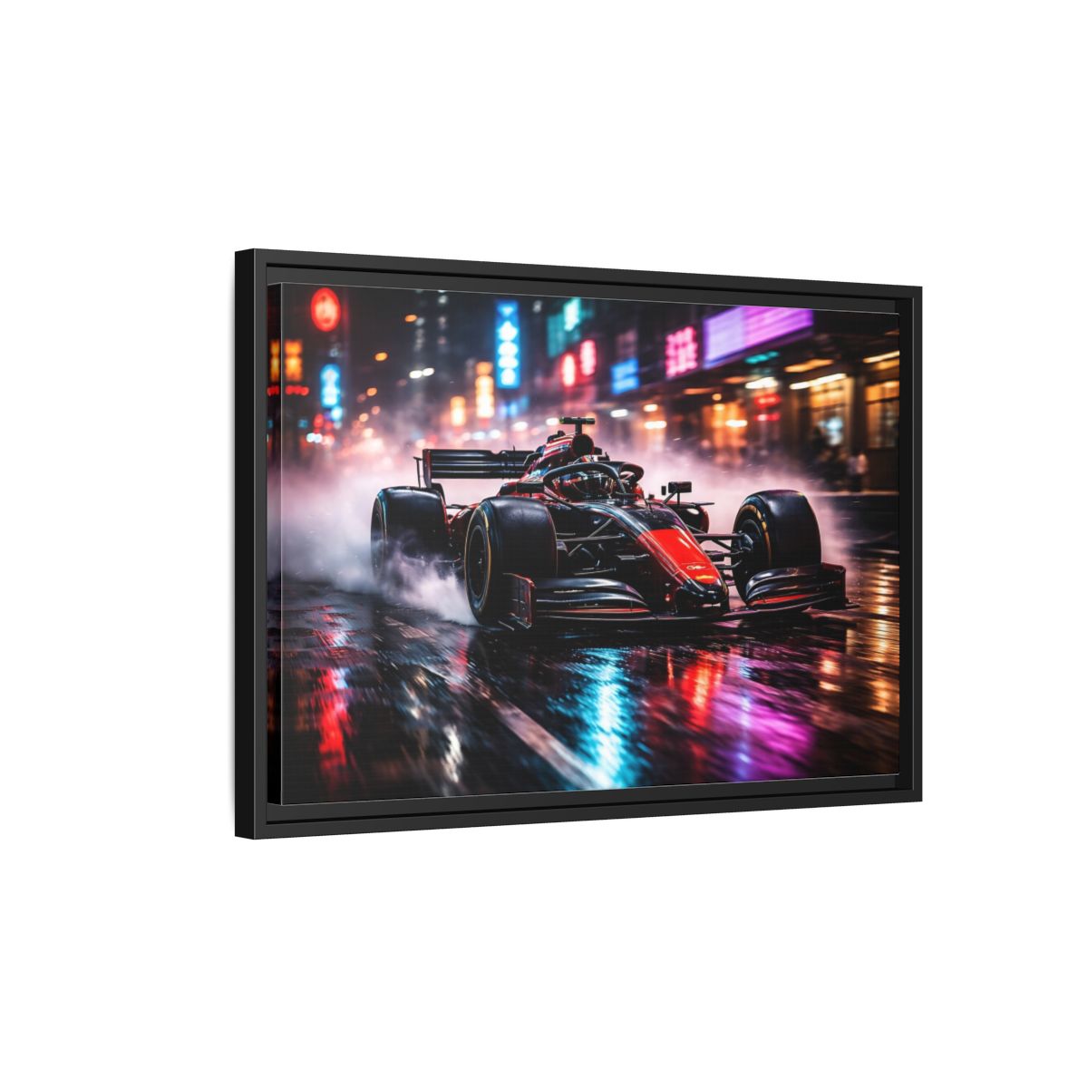 Side Mockup 3. Sports Race Car Red Black Neon shown as stretched canvas wall art
