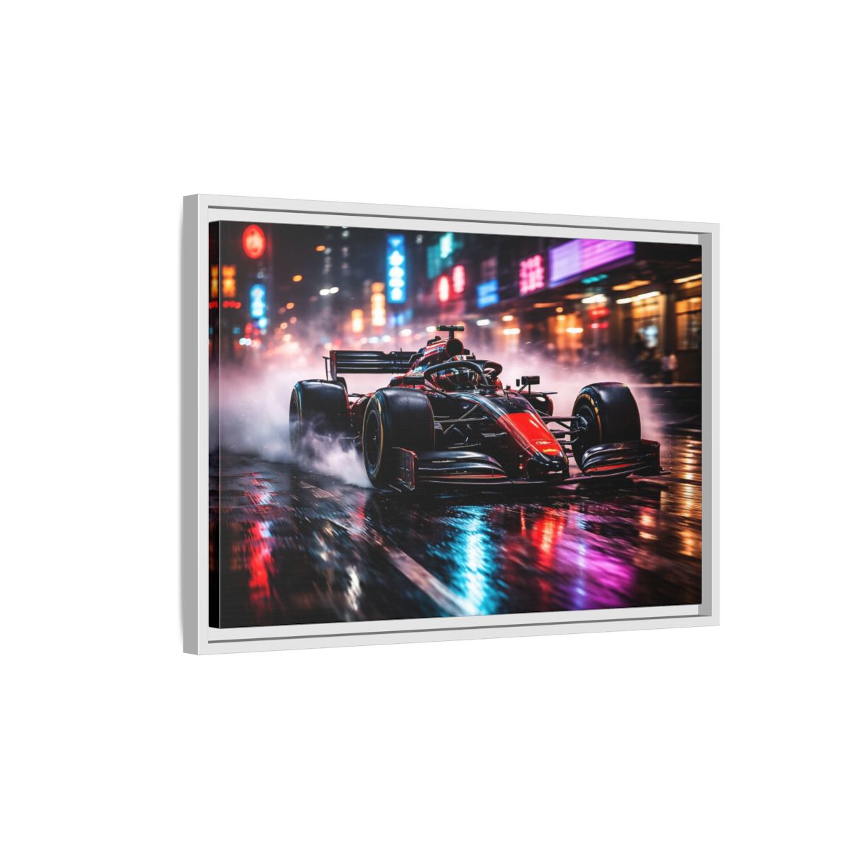 Side Mockup 1. Sports Race Car Red Black Neon shown as stretched canvas wall art