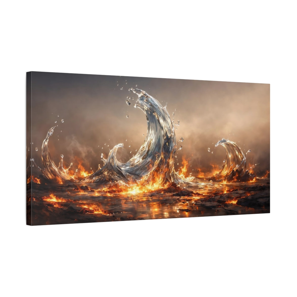 Side Mockup 2. Nature Elemental Waves Water And Fire shown as stretched canvas wall art