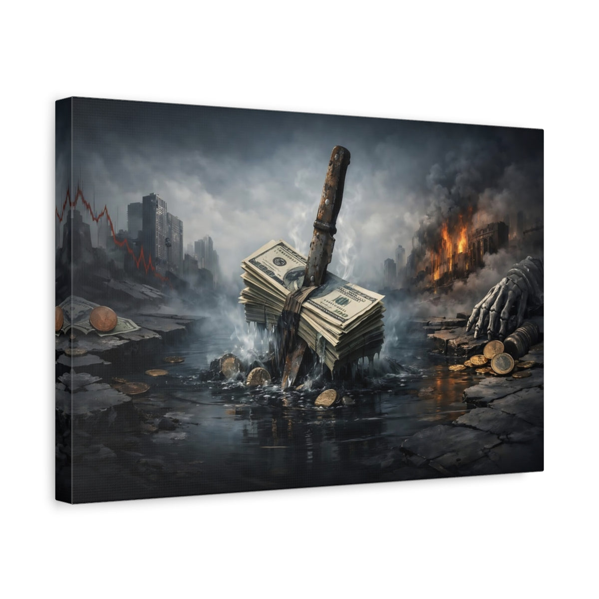 Side Mockup 4. Science Fiction Money Collapse Dark Dystopian shown as stretched canvas wall art