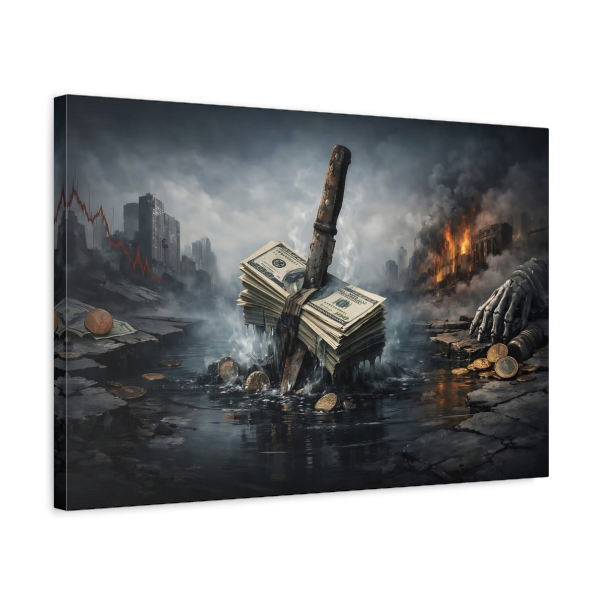 Side Mockup 3. Science Fiction Money Collapse Dark Dystopian shown as stretched canvas wall art