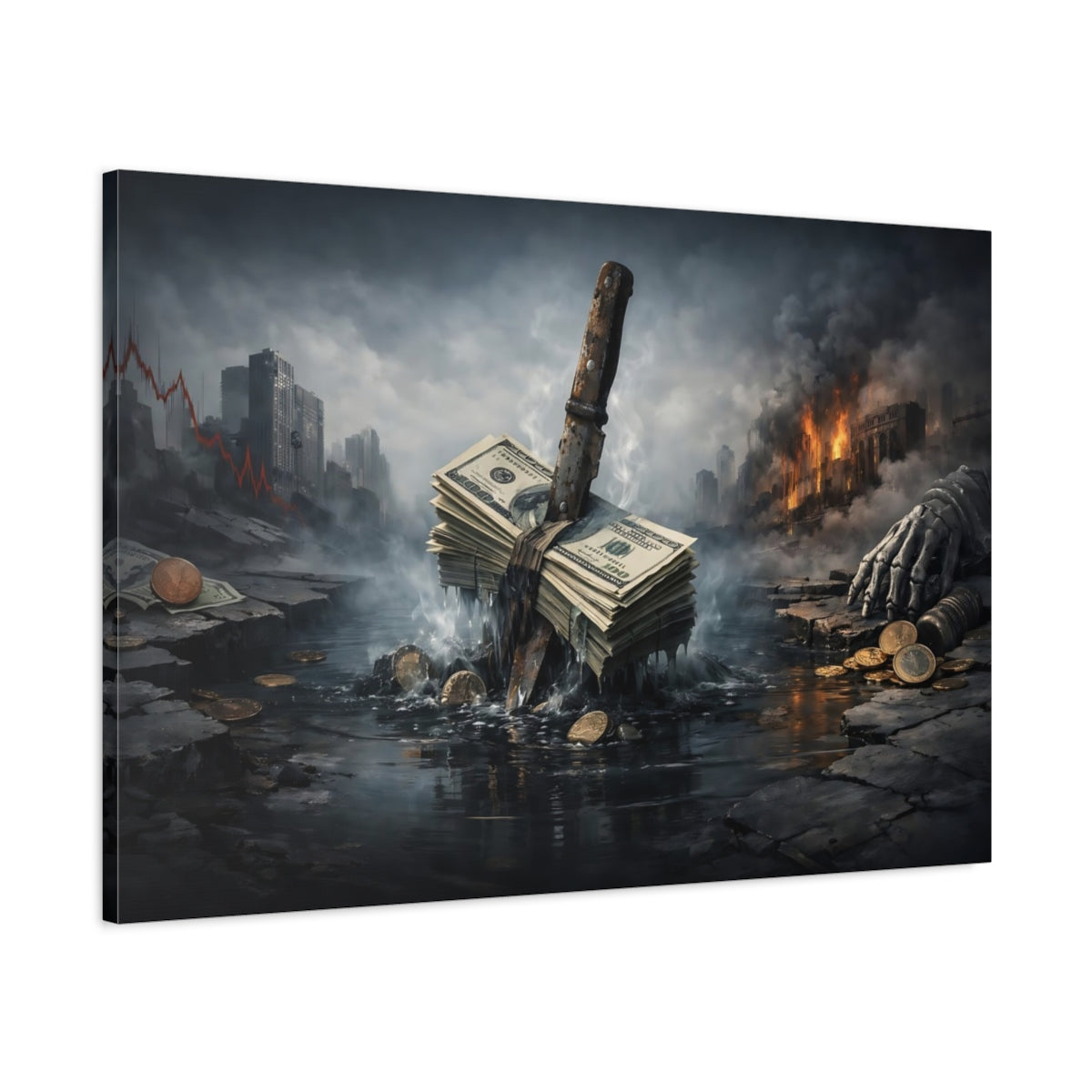 Side Mockup 1. Science Fiction Money Collapse Dark Dystopian shown as stretched canvas wall art