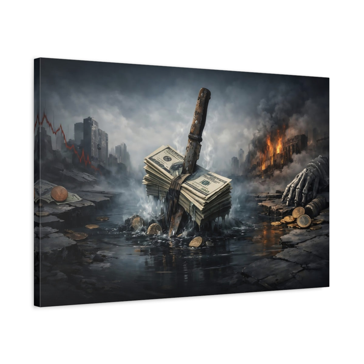 Side Mockup 2. Science Fiction Money Collapse Dark Dystopian shown as stretched canvas wall art