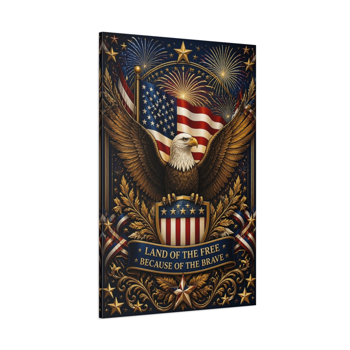 Side Mockup 1. Eagle And American Flag Shield shown as canvas print