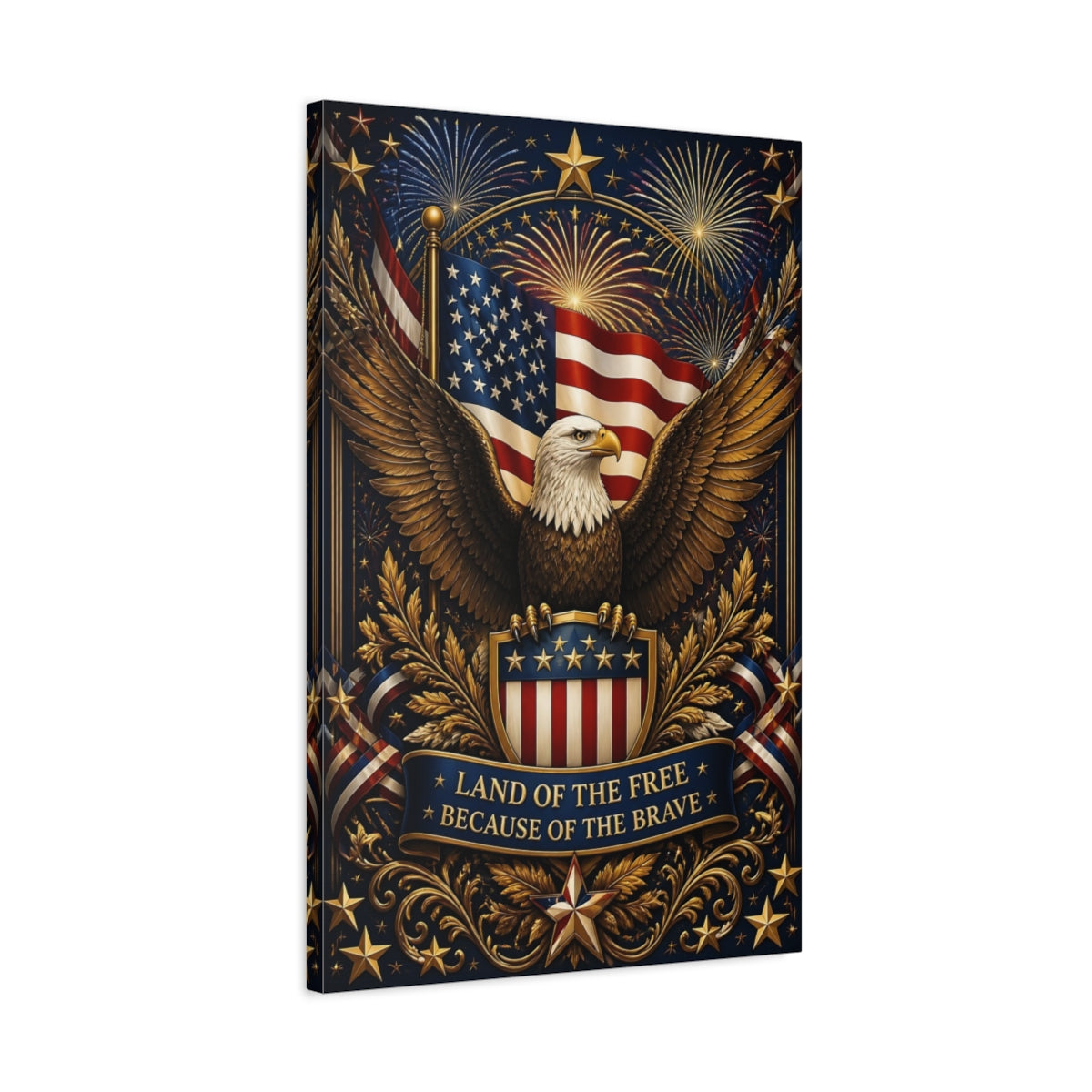 Side Mockup 2. Eagle And American Flag Shield shown as canvas print