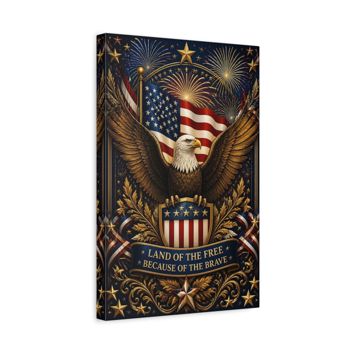 Side Mockup 4. Eagle And American Flag Shield shown as canvas print
