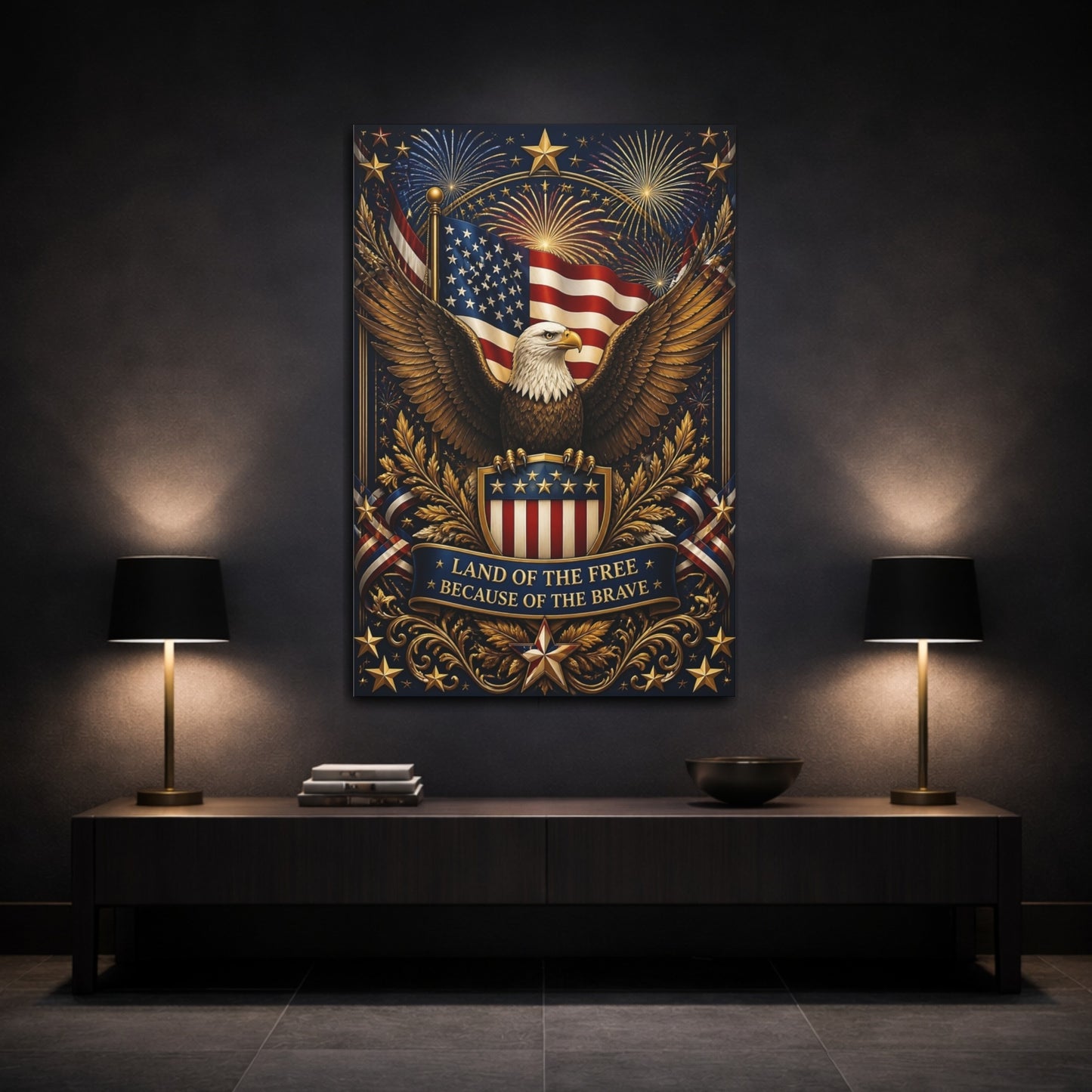 Mockup 3. Eagle And American Flag Shield shown as canvas print