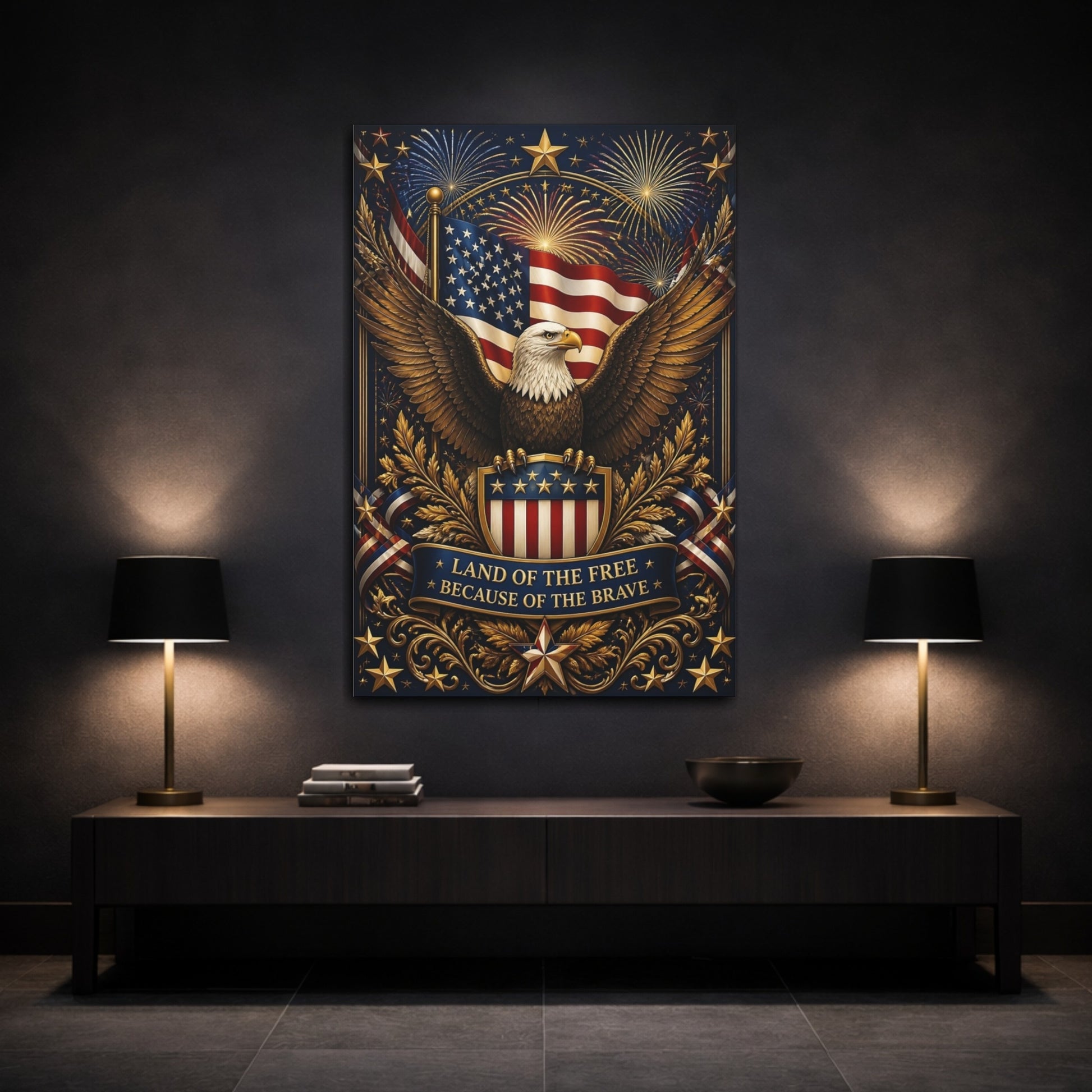 Mockup 3. Eagle And American Flag Shield shown as canvas print