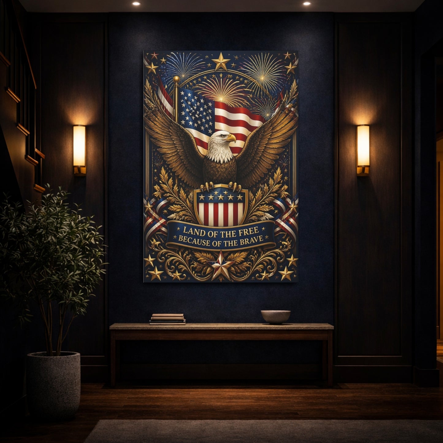 Mockup 4. Eagle And American Flag Shield shown as canvas print
