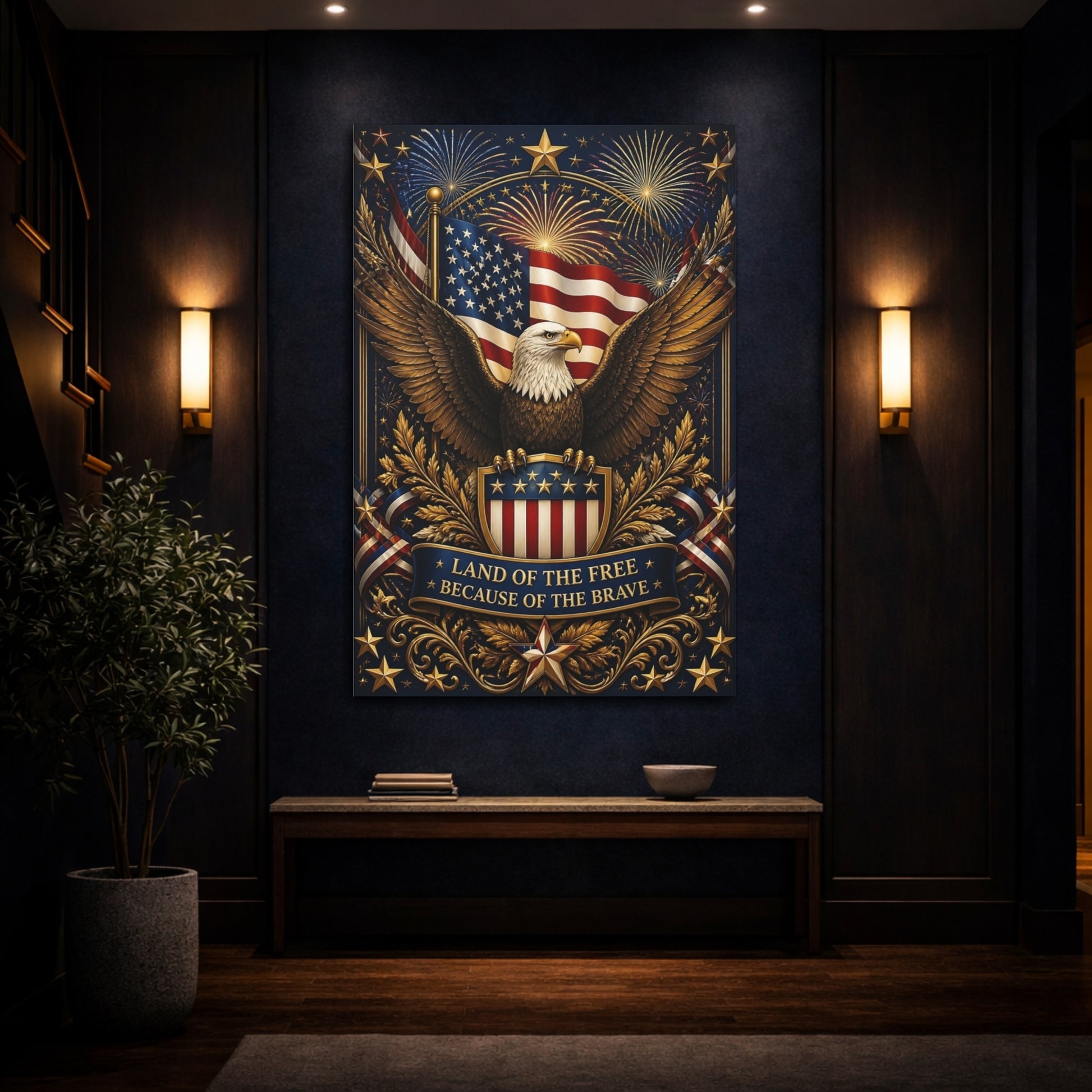 Mockup 4. Eagle And American Flag Shield shown as canvas print