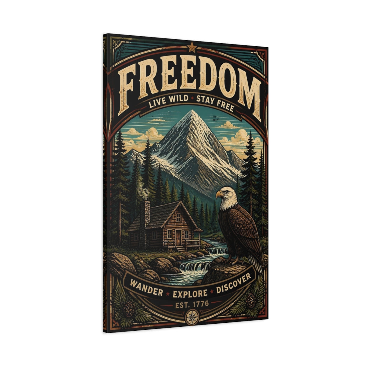 Main Mockup. Eagle By Mountain Cabin shown as canvas print