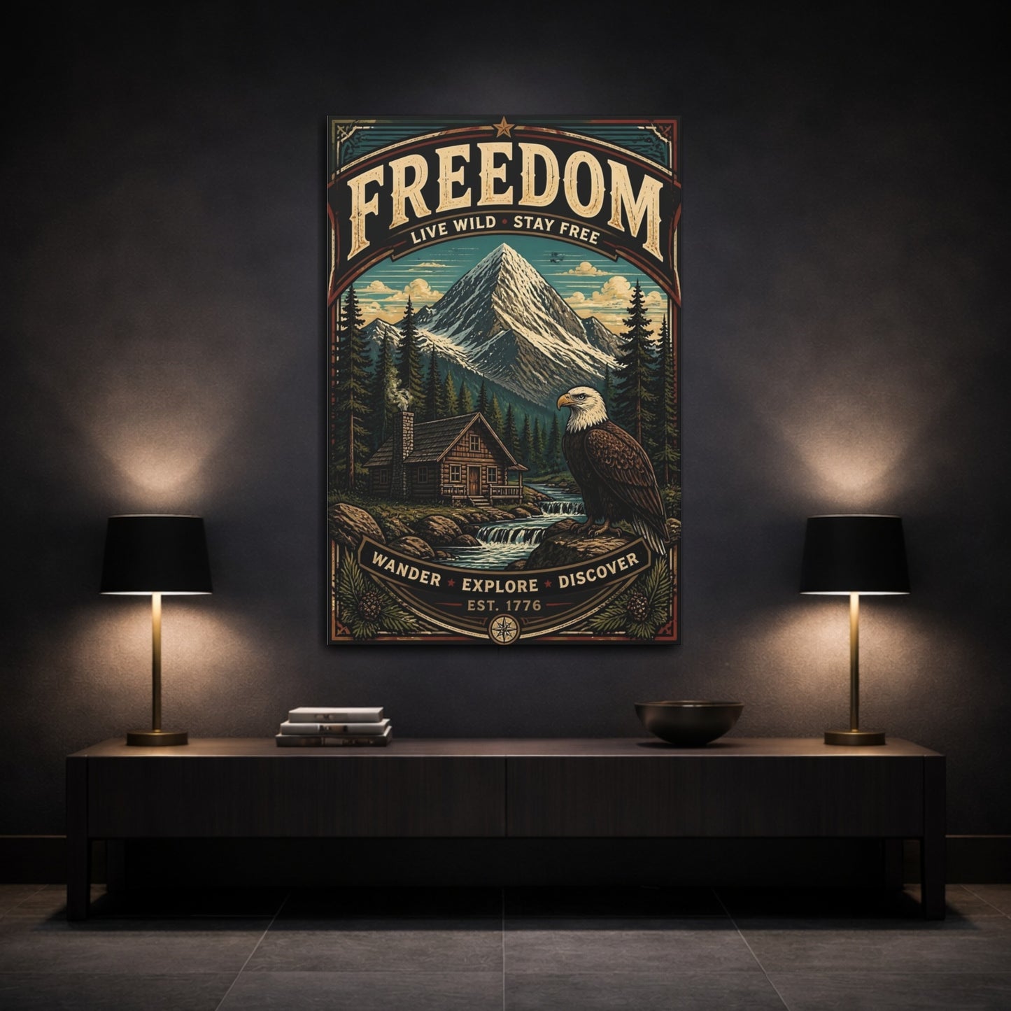 Mockup 3. Eagle By Mountain Cabin shown as canvas print