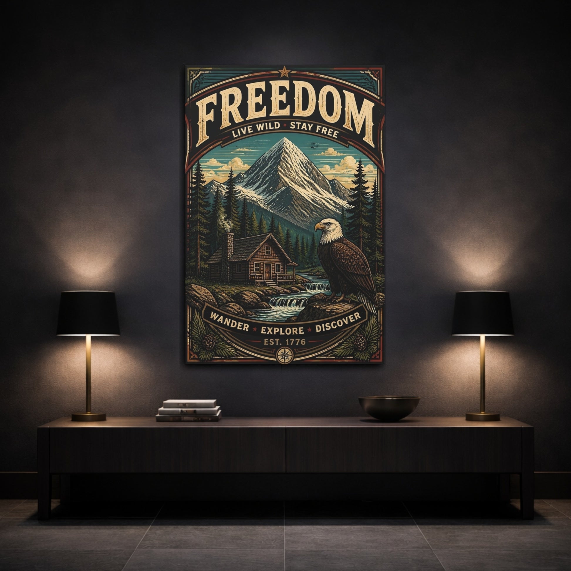 Mockup 3. Eagle By Mountain Cabin shown as canvas print