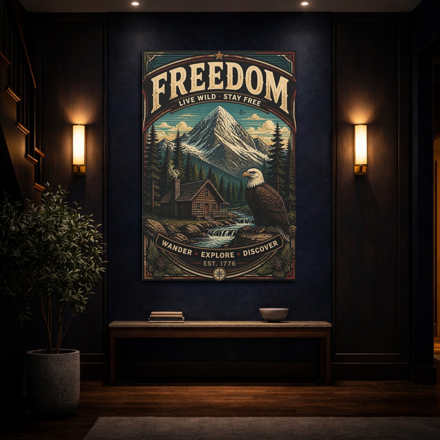 Mockup 4. Eagle By Mountain Cabin shown as canvas print