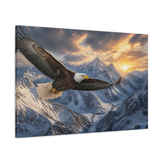 Main Mockup. Eagle Over Snowy Peaks shown as canvas print