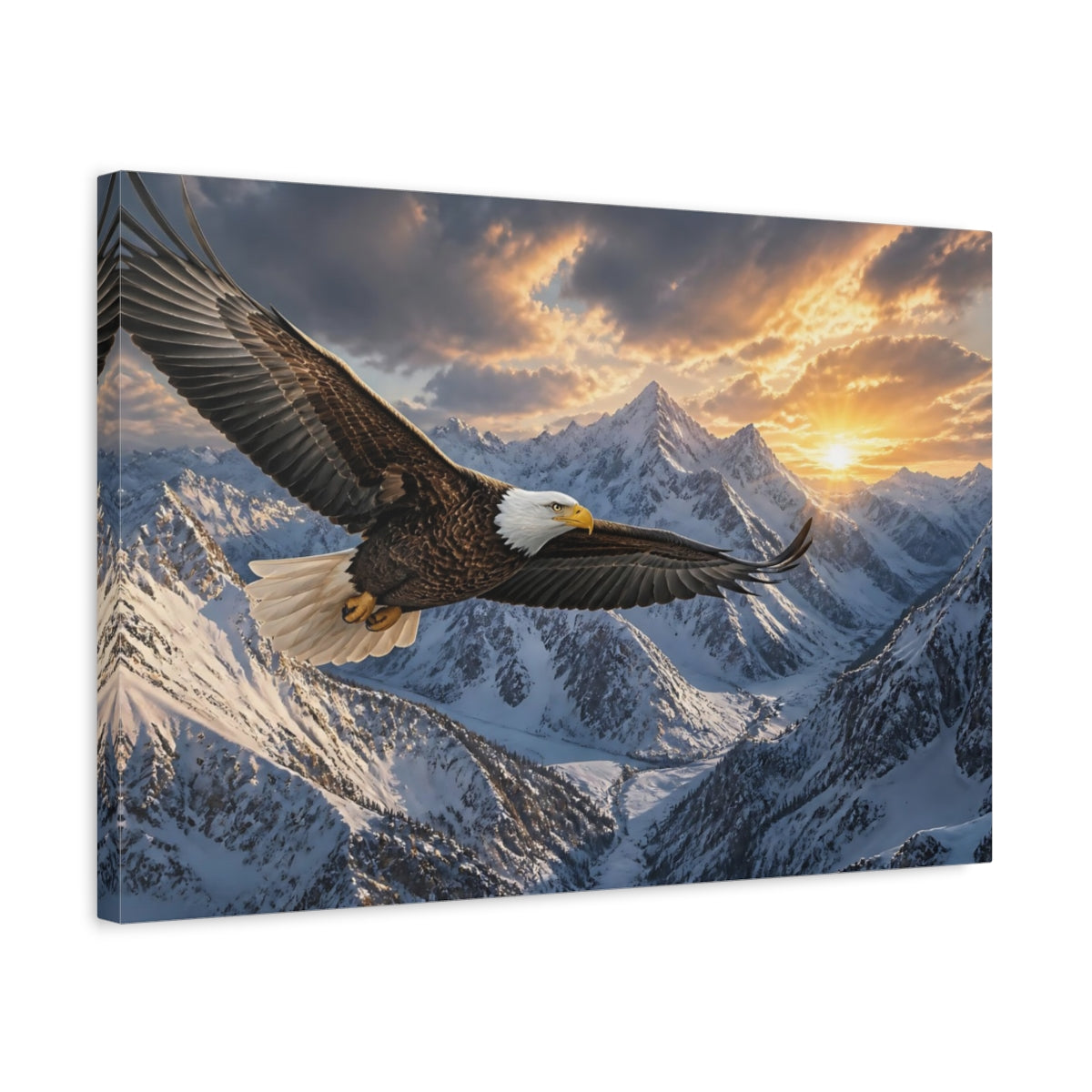 Side Mockup 3. Eagle Over Snowy Peaks shown as canvas print