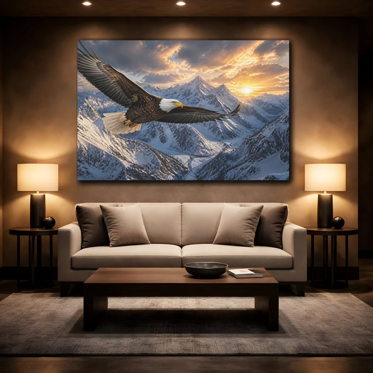 Mockup 2. Eagle Over Snowy Peaks shown as canvas print