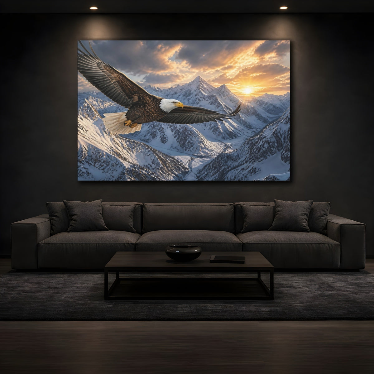 Mockup 3. Eagle Over Snowy Peaks shown as canvas print