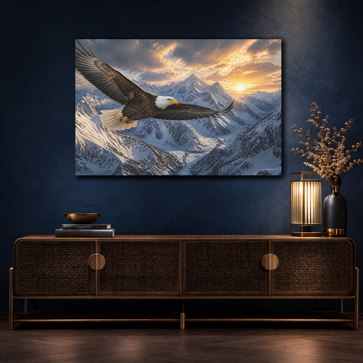 Mockup 4. Eagle Over Snowy Peaks shown as canvas print