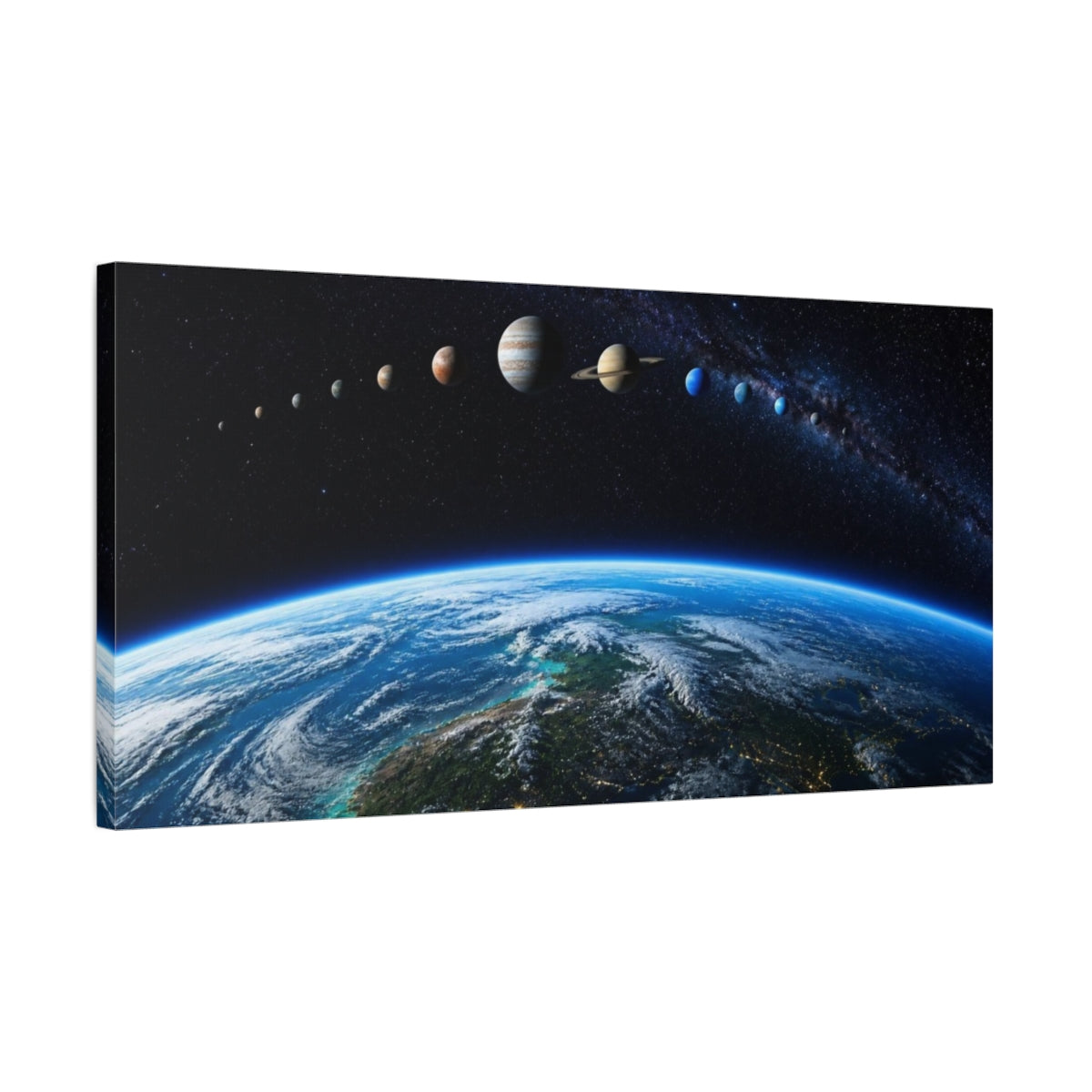 Side Mockup 1. Earth Horizon Planet Lineup shown as canvas print