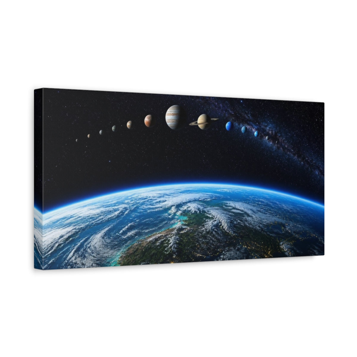 Side Mockup 3. Earth Horizon Planet Lineup shown as canvas print