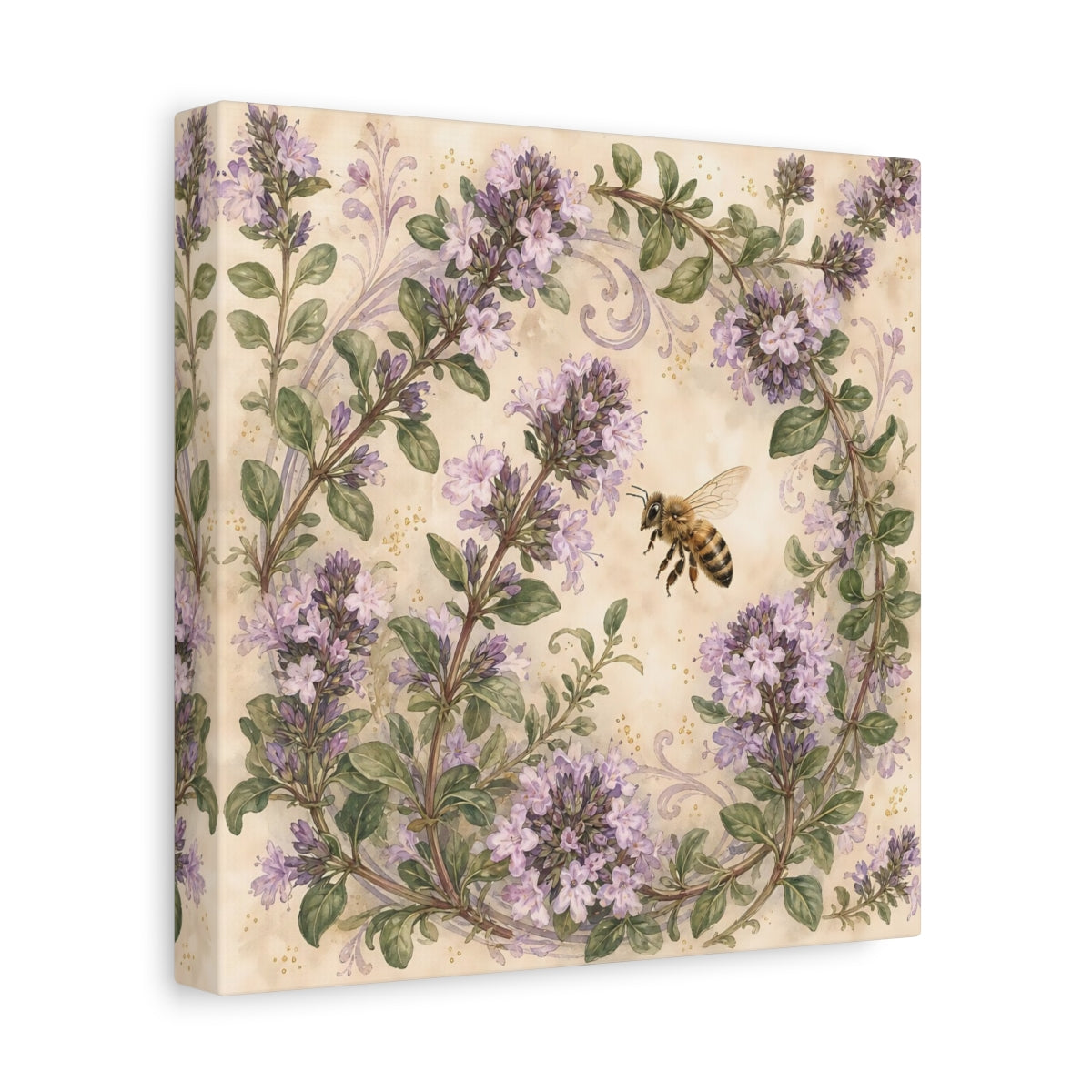 Side Mockup 9. Earthy Organic Realism Bee Near Flowering Thyme Stems shown as stretched canvas wall art