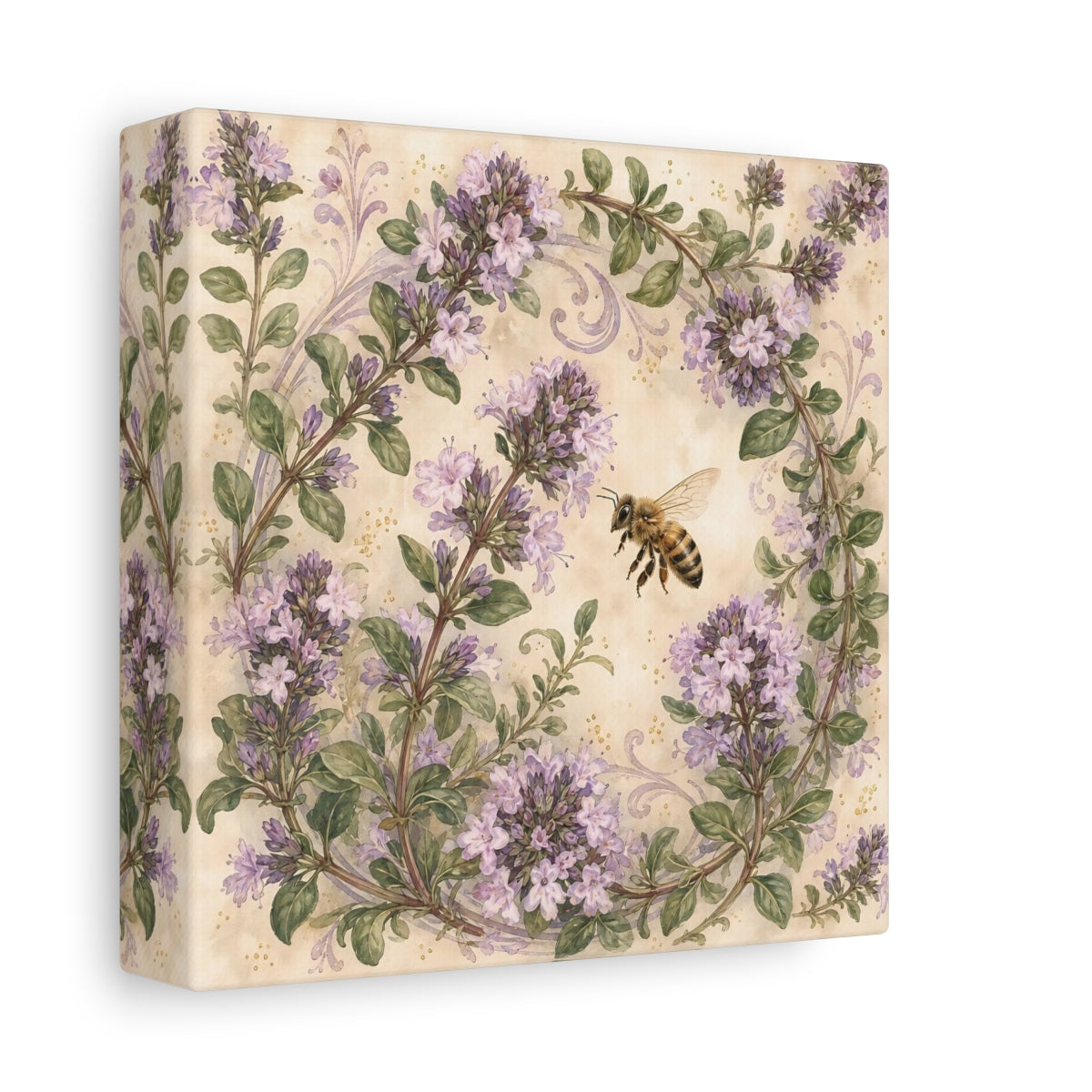 Side Mockup 2. Earthy Organic Realism Bee Near Flowering Thyme Stems shown as stretched canvas wall art