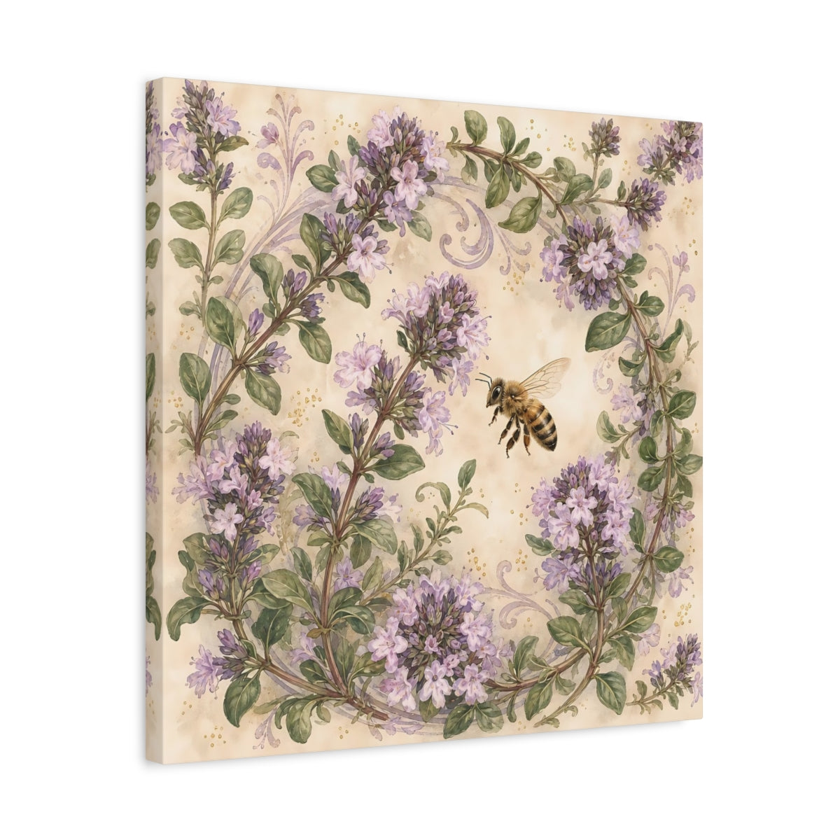 Side Mockup 5. Earthy Organic Realism Bee Near Flowering Thyme Stems shown as stretched canvas wall art