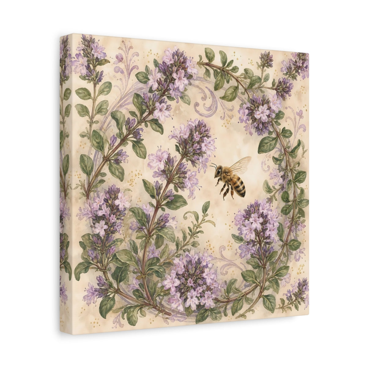 Side Mockup 8. Earthy Organic Realism Bee Near Flowering Thyme Stems shown as stretched canvas wall art