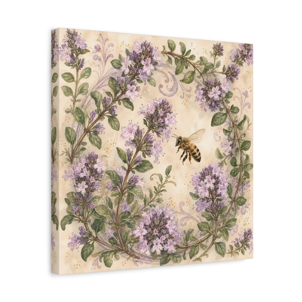 Side Mockup 6. Earthy Organic Realism Bee Near Flowering Thyme Stems shown as stretched canvas wall art