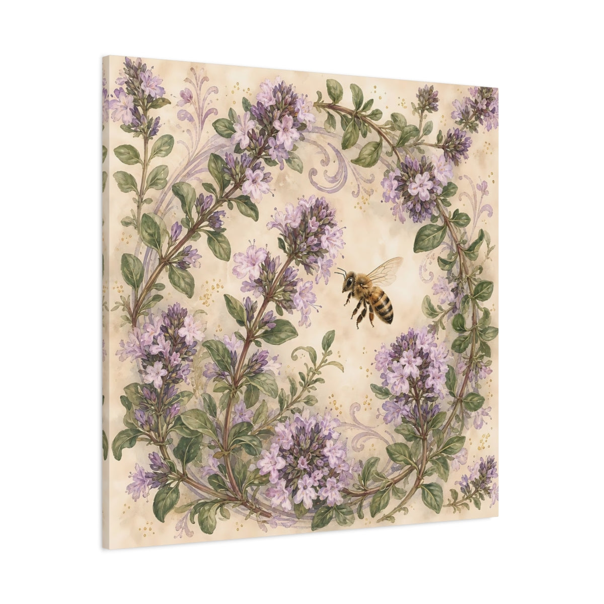 Side Mockup 1. Earthy Organic Realism Bee Near Flowering Thyme Stems shown as stretched canvas wall art