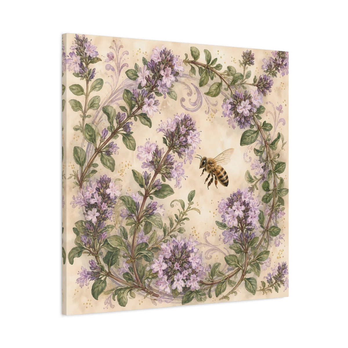 Main Mockup. Earthy Organic Realism Bee Near Flowering Thyme Stems shown as stretched canvas wall art