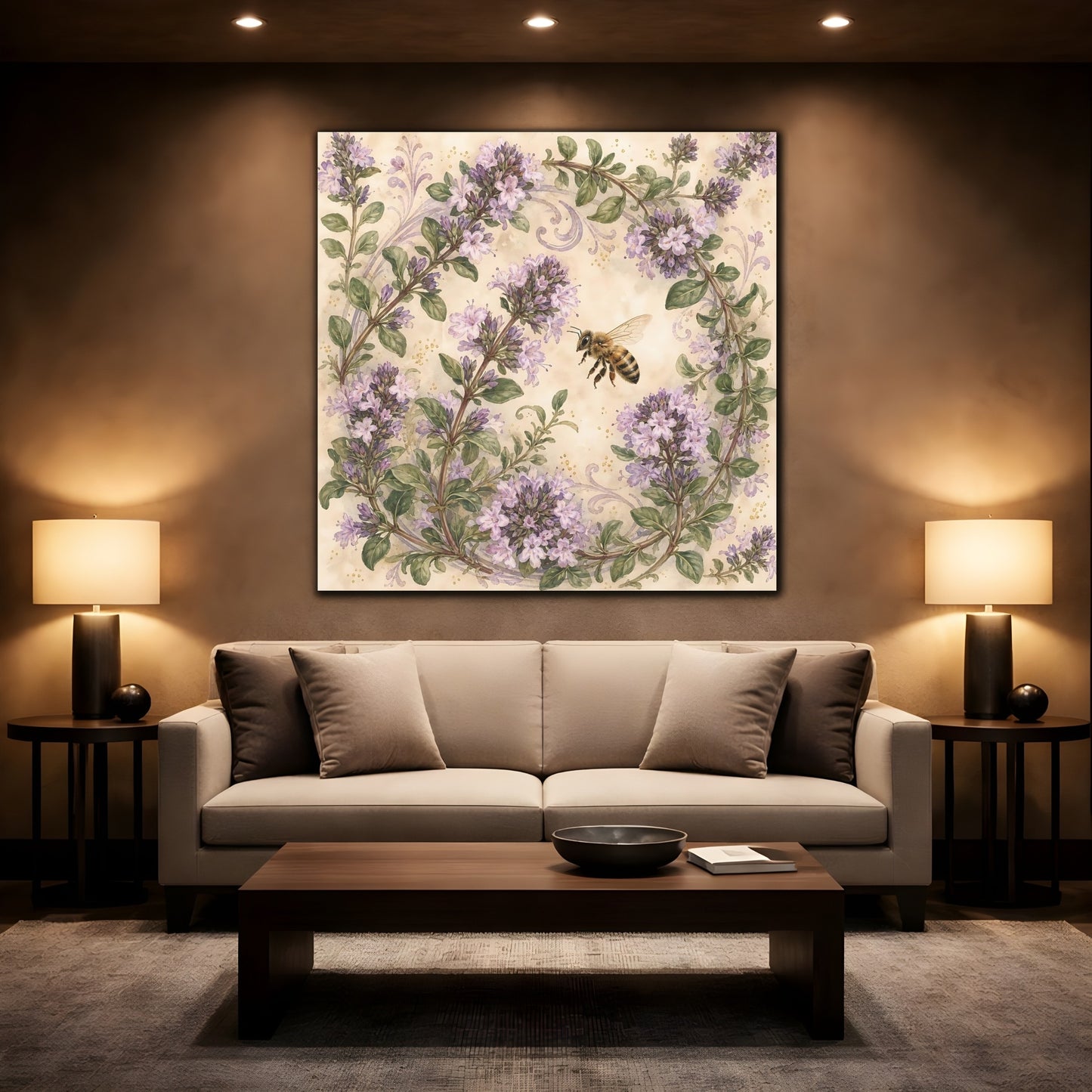 Mockup 2. Earthy Organic Realism Bee Near Flowering Thyme Stems shown as stretched canvas wall art